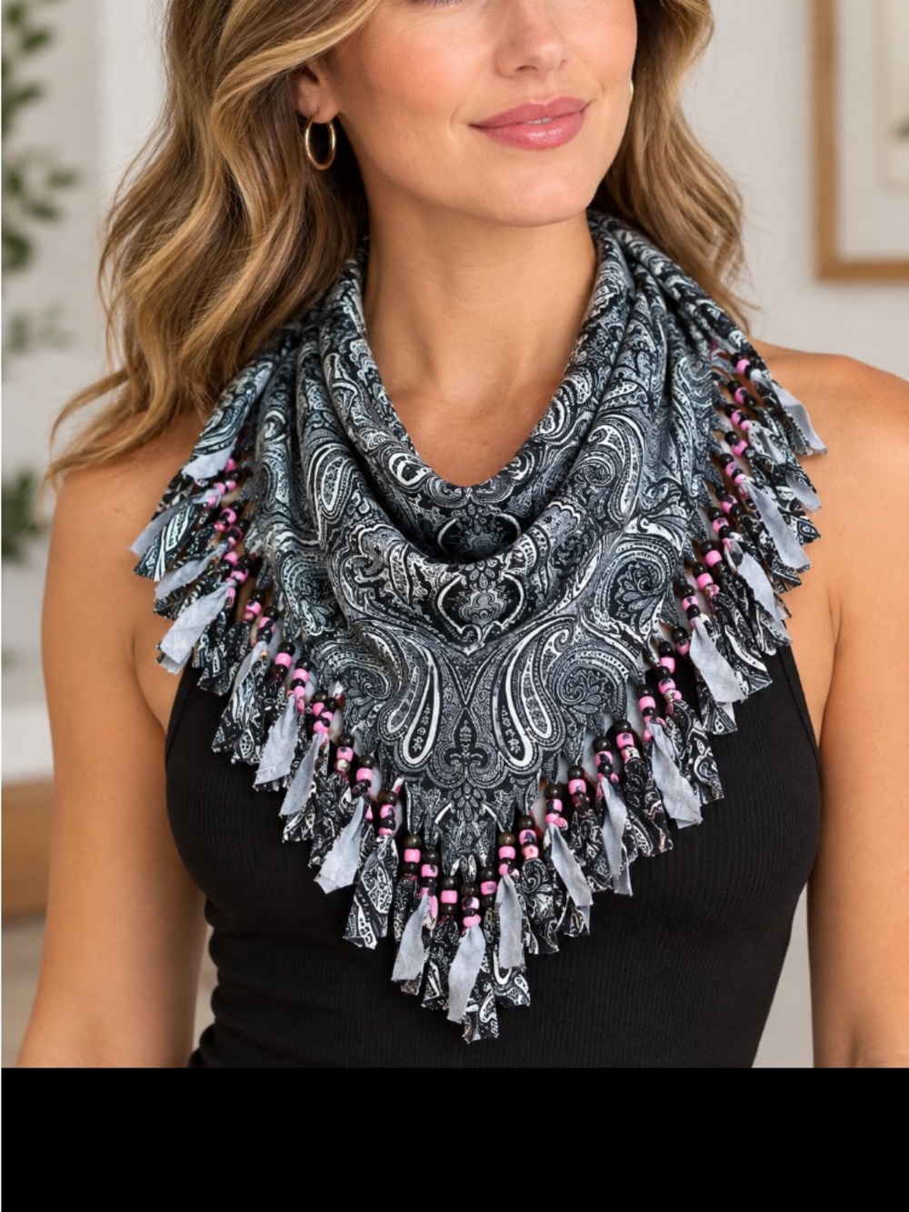 🖤 Black, White Pink Paisley Beaded Fringe Scarf